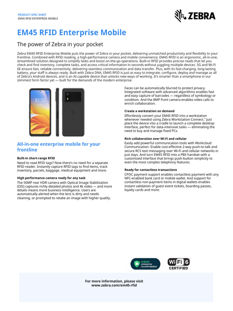 Zebra EM45 RFID Mobile Specs Overview | PDF | Radio Frequency ...