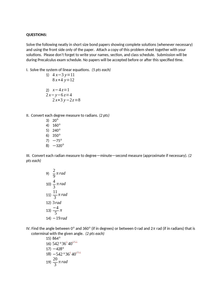 Precalculus Exam Problem Set | PDF | Angle | Pi