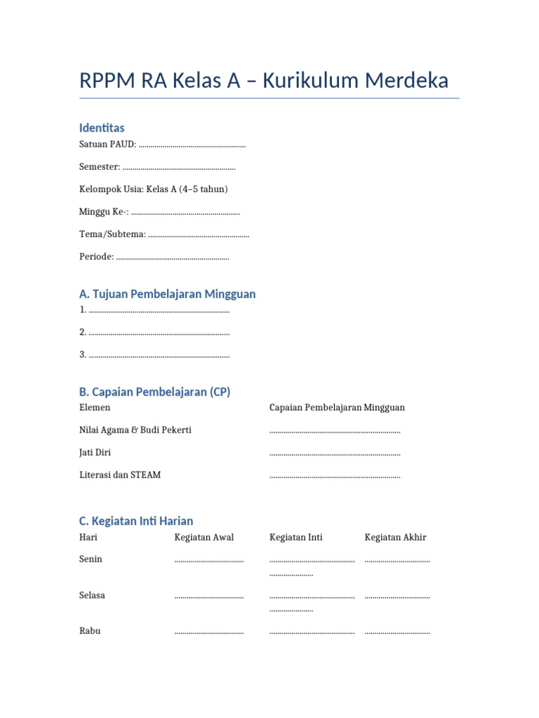 Template RPPM Kelas A PAUD | PDF
