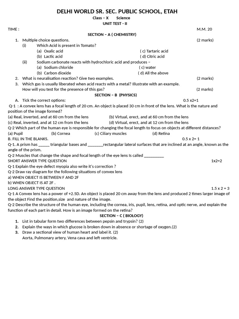 Class X Science Unit Test II Questions | PDF | Acid | Eye