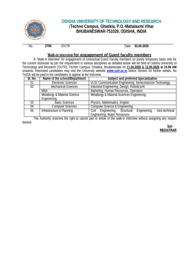 Guest Faculty Walk-in Interview at OUTR | PDF | Engineering
