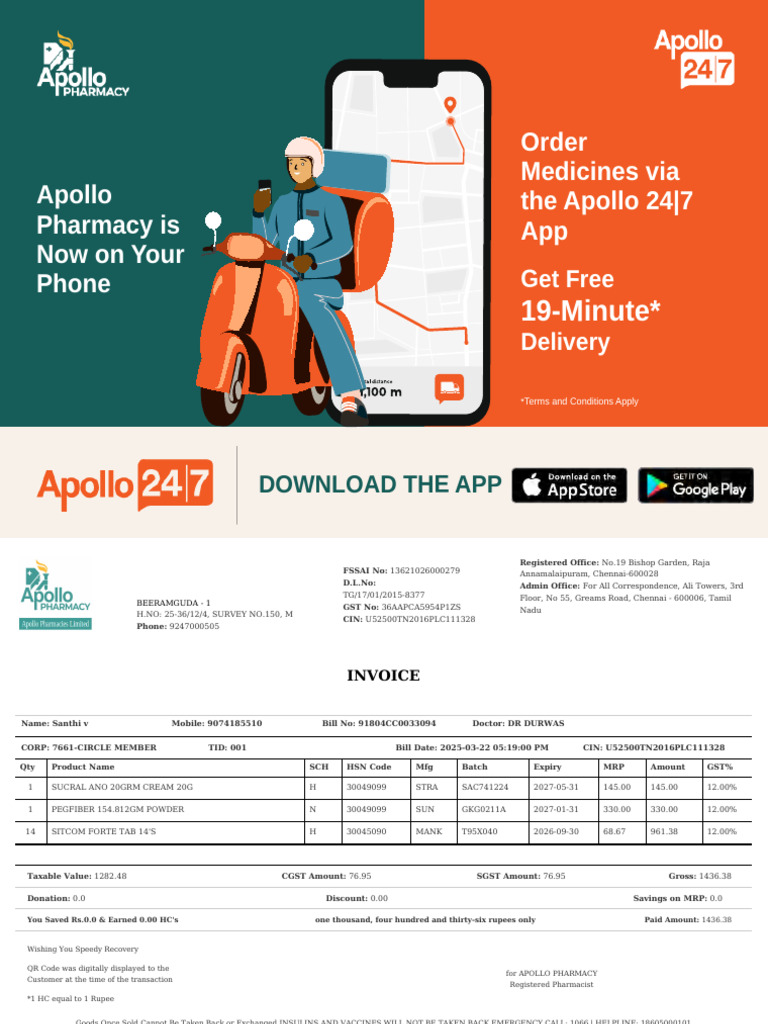 Apollo Pharmacy Invoice & Delivery Info | PDF | Medicine | Pharmacy