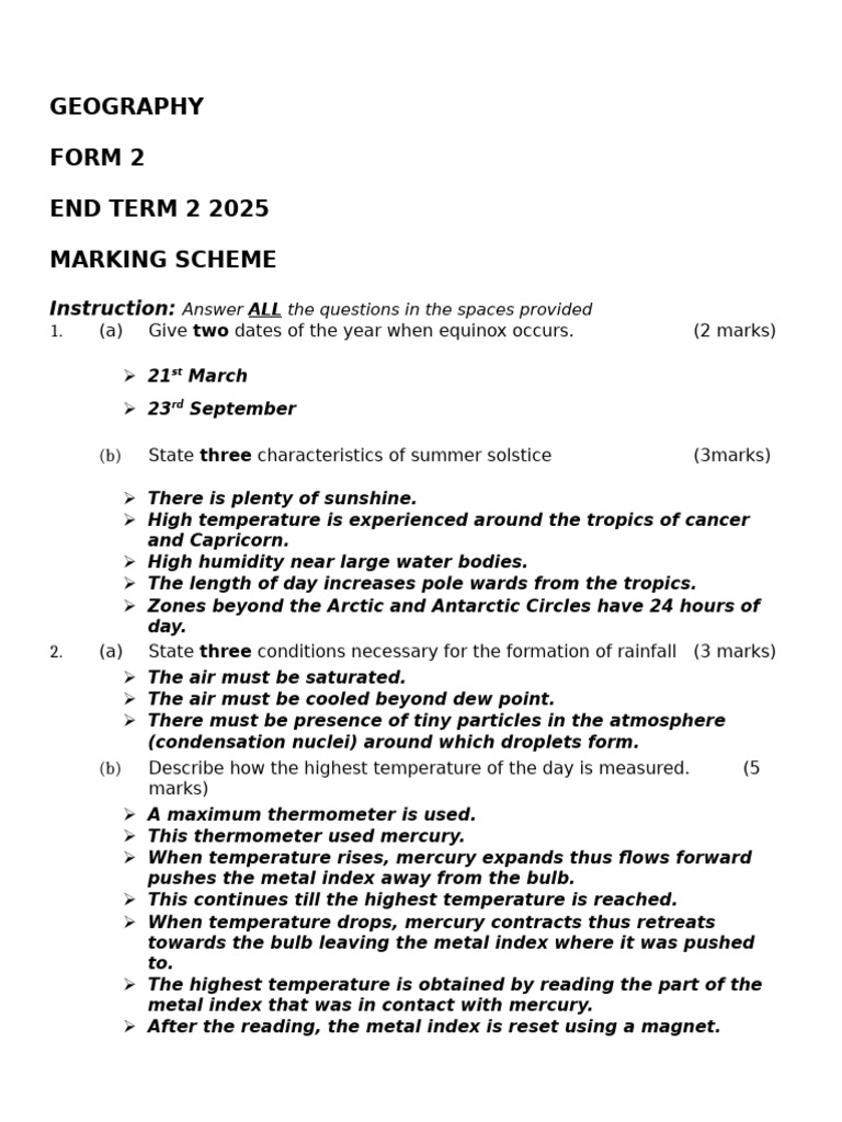 Geography Form 2 Marking Scheme 2025 | PDF | Volcano | Rock (Geology)