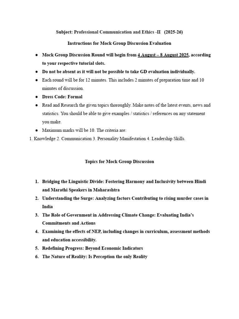 Mock Group Discussion Guidelines 2025 | PDF