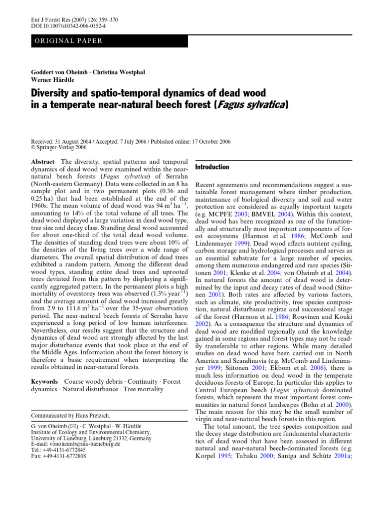 Diversity and Spatio-Temporal Dynamics of Dead Wood | PDF | Beech | Forests