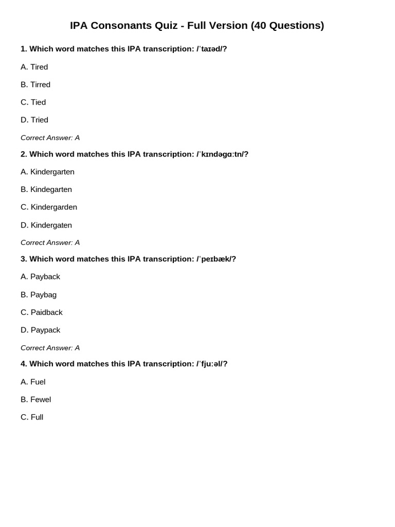 IPA Consonants Quiz: 40 Questions | PDF