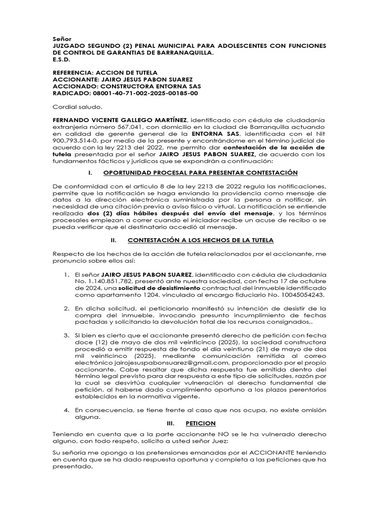 Contestación a Acción de Tutela Entorna SAS | PDF | Petición | Derecho ...