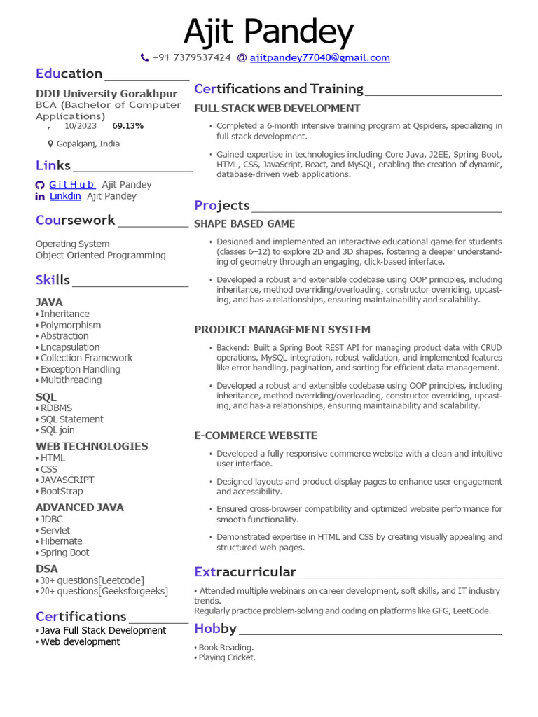 Ajit Pandey: BCA Graduate & Developer | PDF | Web Development | Java ...
