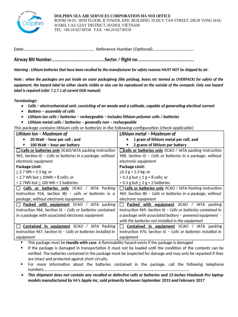 Letter of Shipper For Lithium Batteries (New) | PDF | Lithium Ion ...
