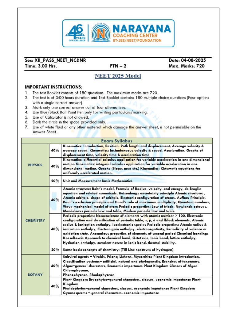 Ftn-2 Xii Pass Neet NC & NR 04-08-2025 QP | PDF | Acceleration | Atomic ...