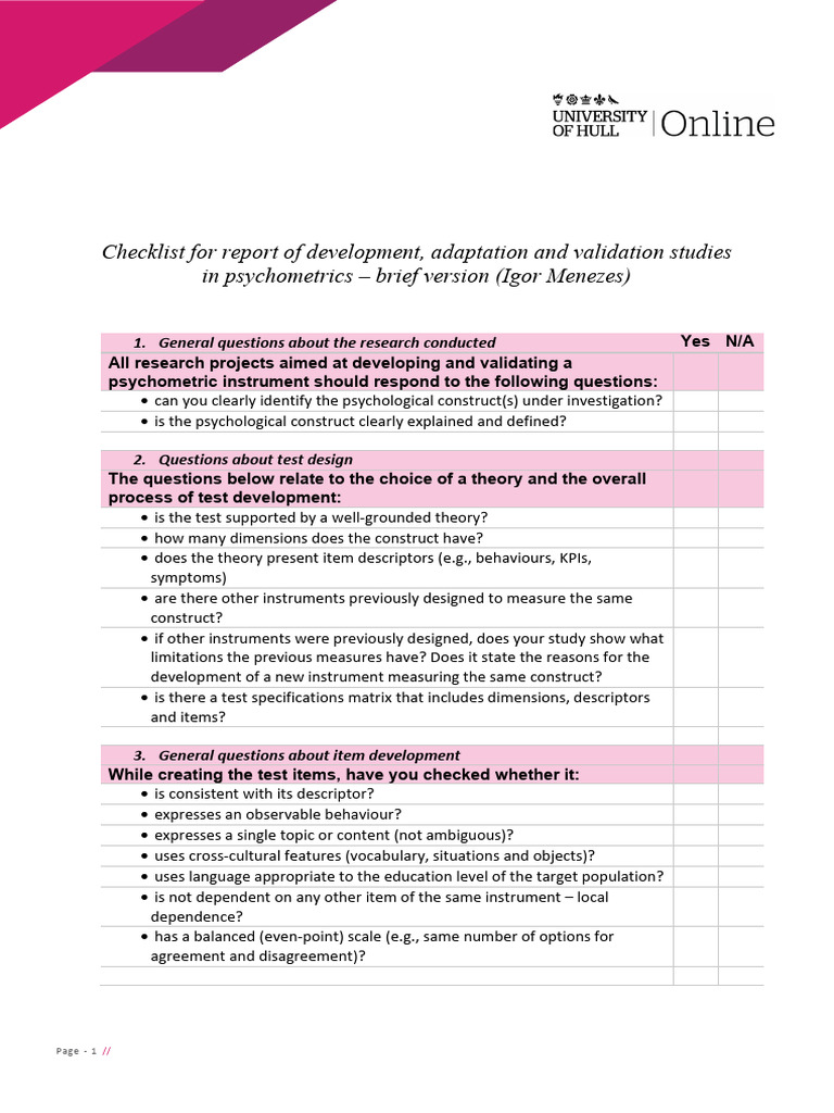 Psychometric Instrument Development Checklist | PDF | Psychometrics ...