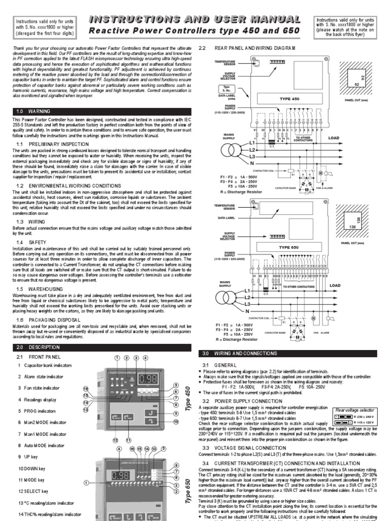 Automatic Power Factor Controller Manual | PDF | Capacitor | Transformer