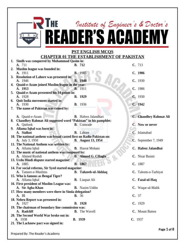 Pakistan History MCQs for Students | PDF | Pakistan | Muhammad Ali Jinnah