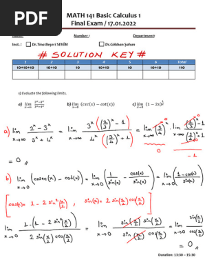 Solution Key of Math 141 Final Exam - 2021 Fall | PDF | Functions