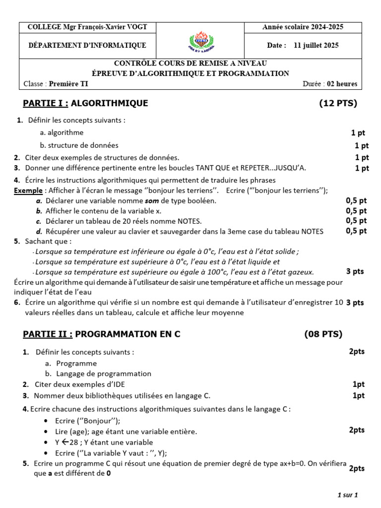 Contrôle d'Algorithmique et C | PDF | Programmation informatique ...
