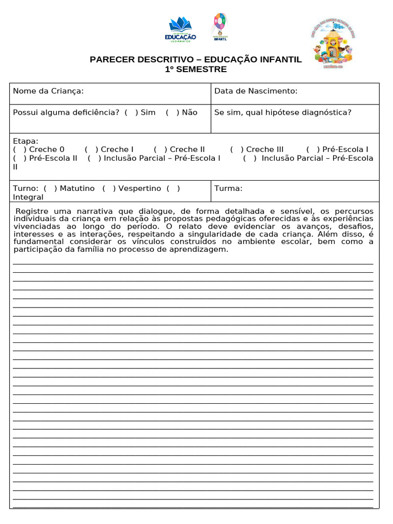 Parecer Descritivo Educação Infantil | PDF | Educação Infantil ...