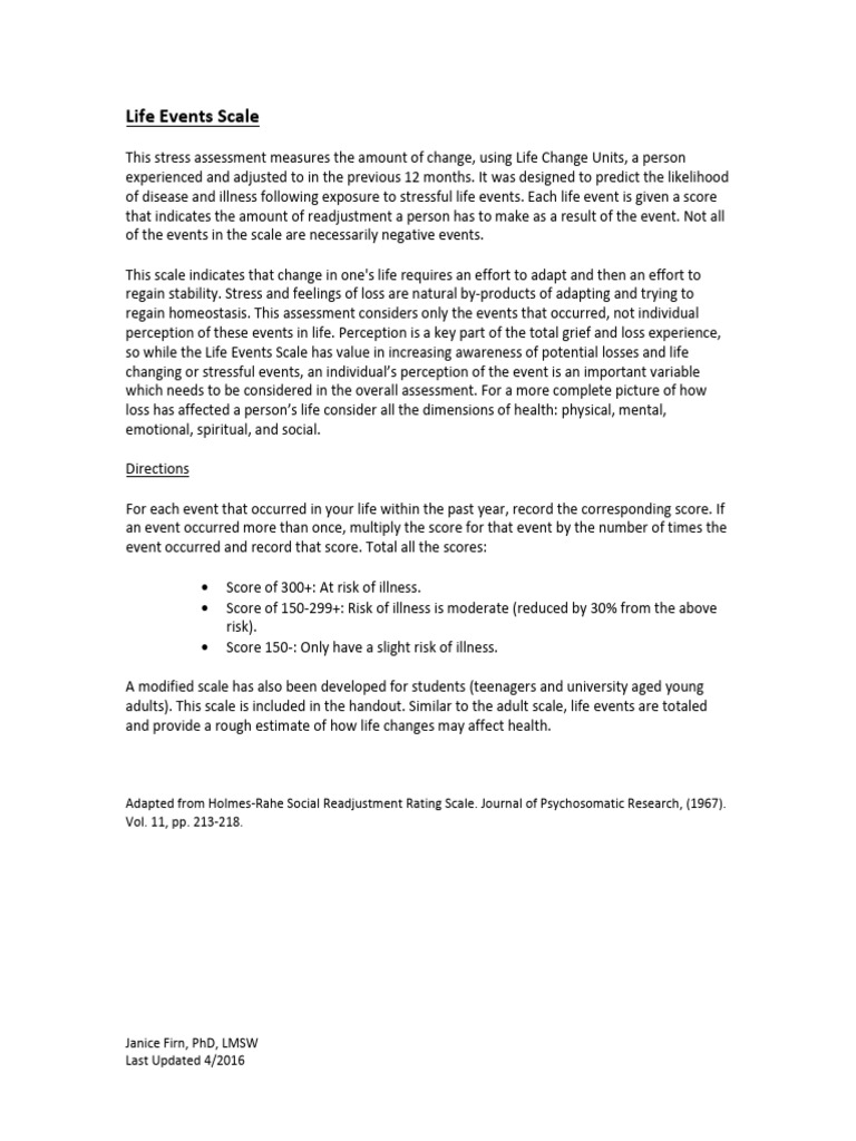 Life Events Stress Assessment Guide | PDF | Risk | Grief