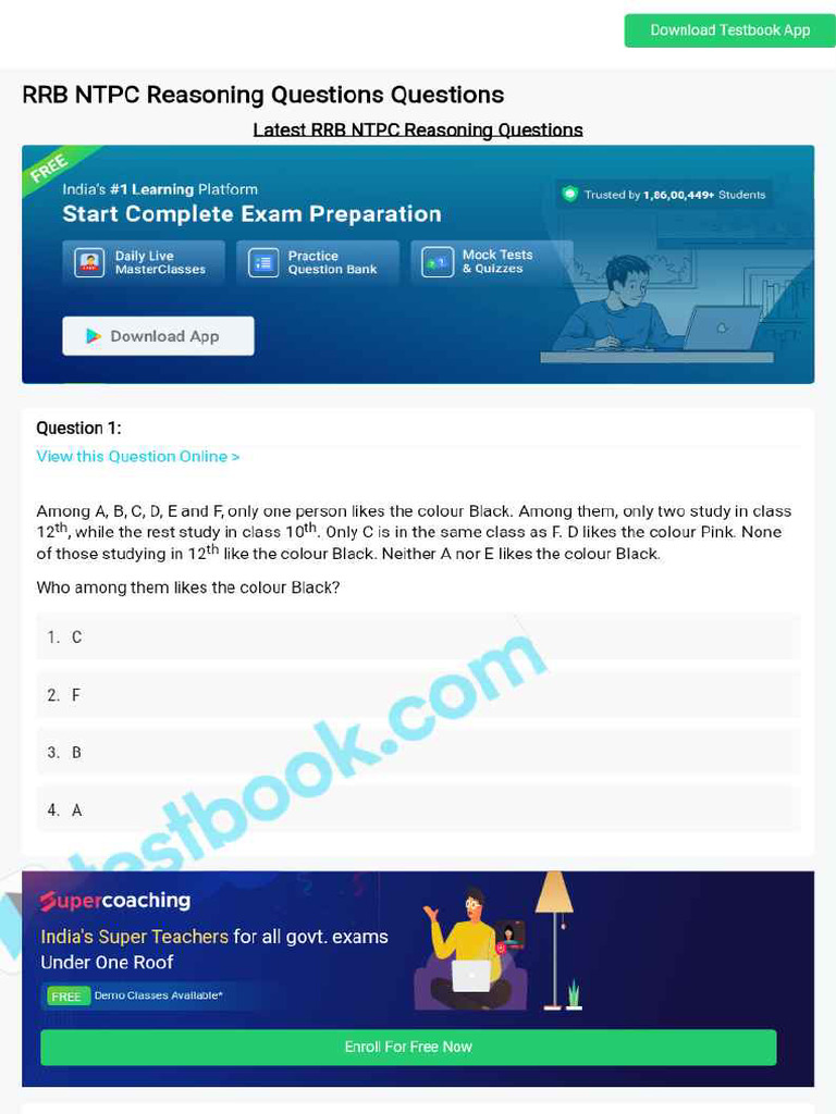 RRB NTPC Reasoning Questions 64b552a693b0e1639c17edb4 | PDF