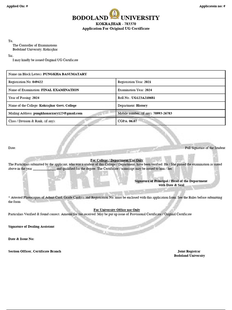Application for UG Certificate at BU | PDF