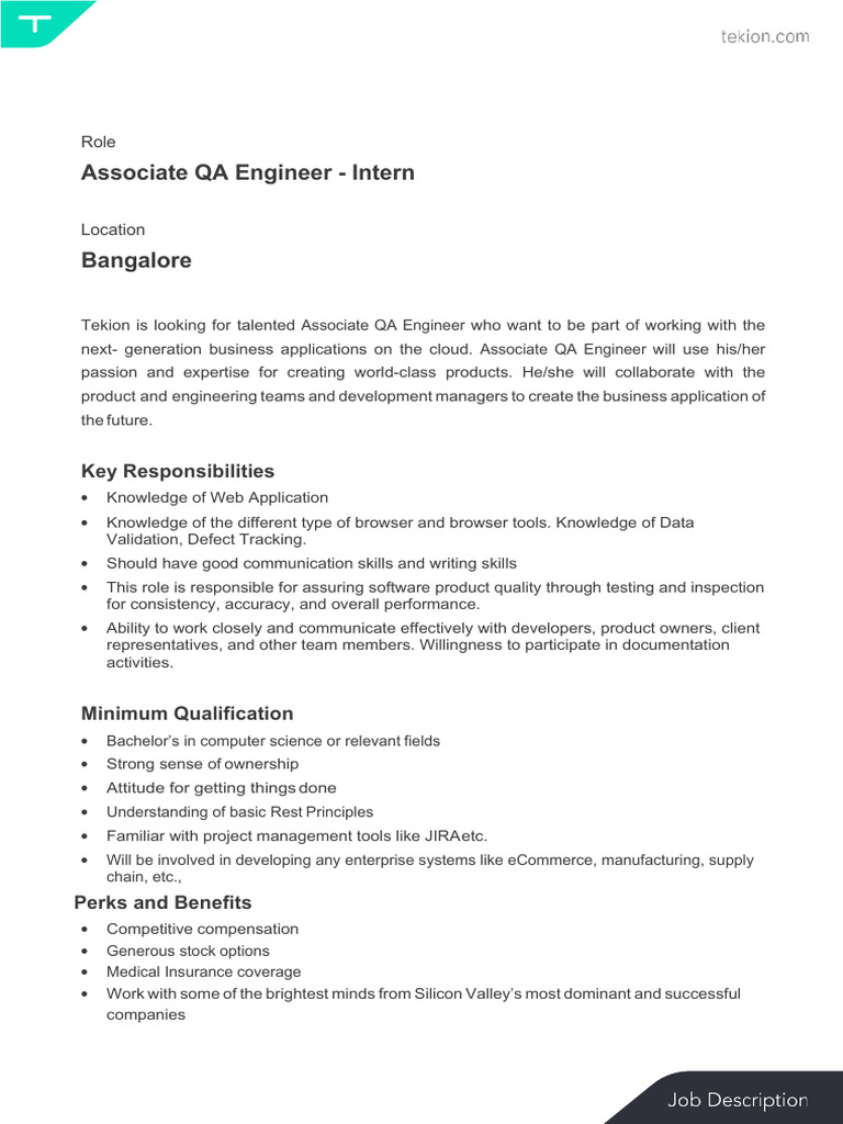 Associate QA Engineer Internship in Bangalore | PDF