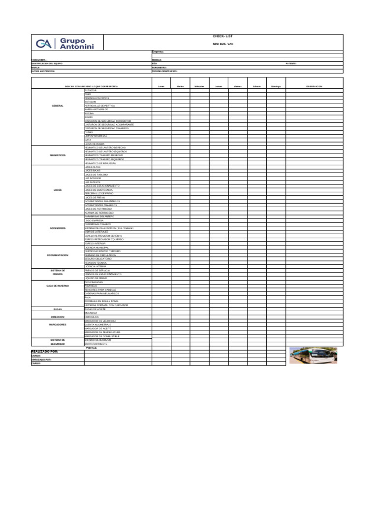 Checklist de Mantenimiento Mini Bus-Van | PDF | Neumático | Carros ...