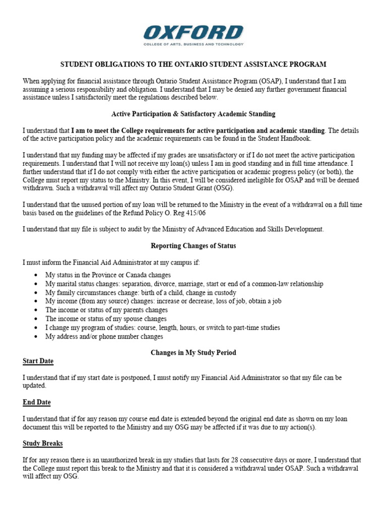 OSAP Student Obligations and Responsibilities | PDF | Loans | Student Loan