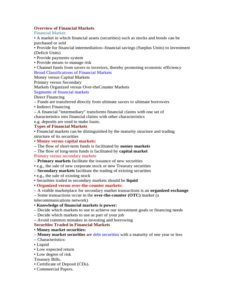 Financial Markets Overview and Types | PDF | Securities (Finance ...