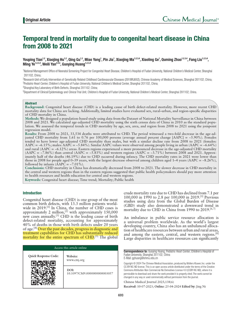 Temporal Trend in Mortality Due To Congenital Heart Disease in China ...