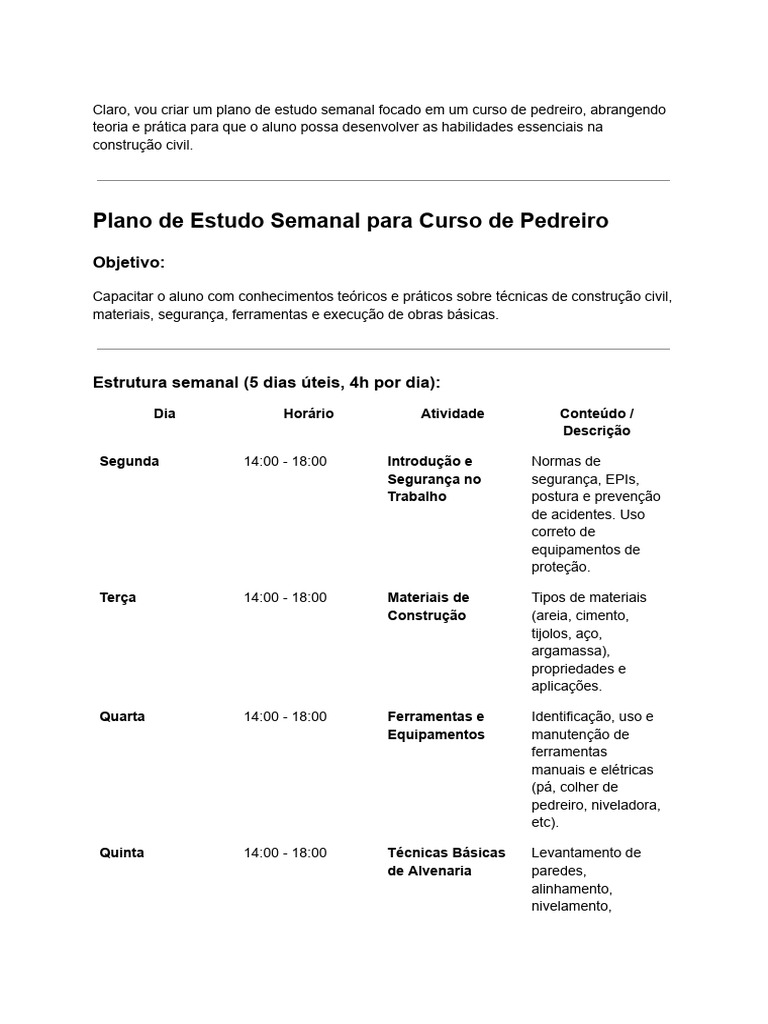 Plano de Estudo para Curso de Pedreiro | PDF | Argamassa (alvenaria)
