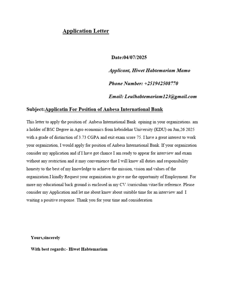 Application for Anbesa Bank Position | PDF