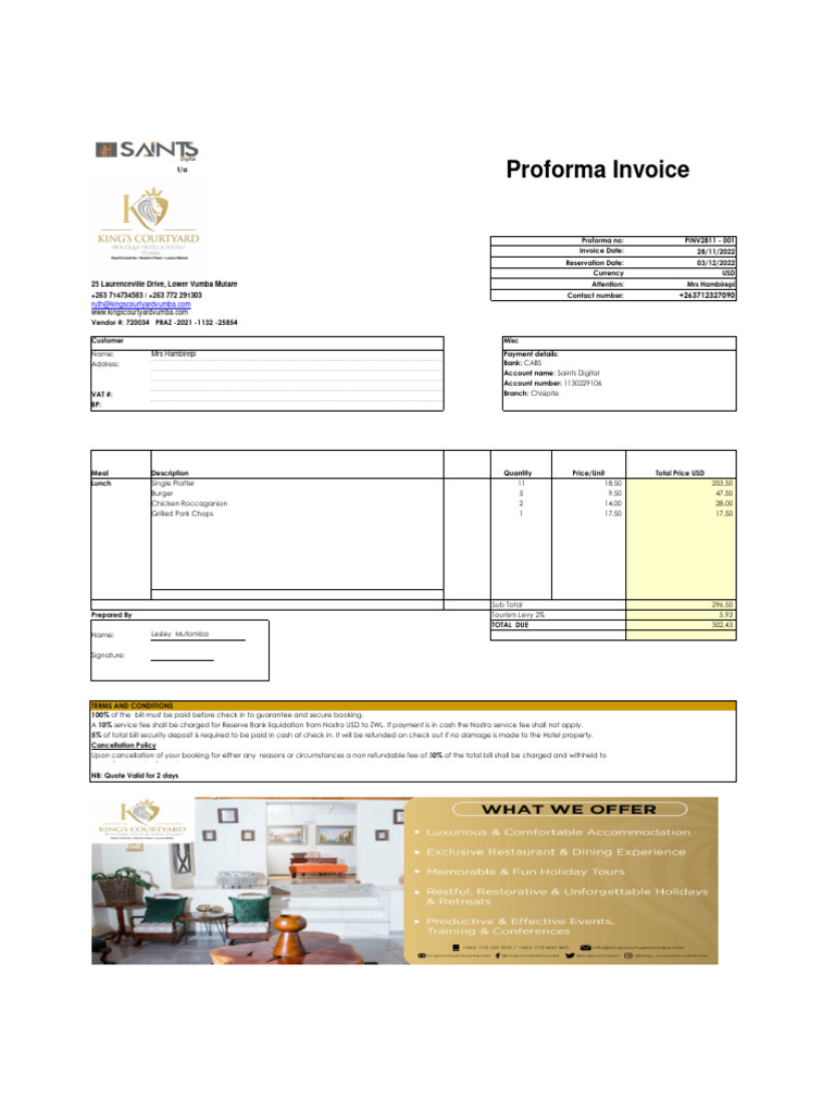 Proforma Invoice for Hotel Booking | PDF | Fee | Business