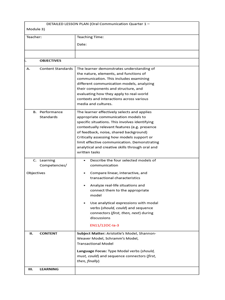 Communication Models Lesson Plan | PDF | Communication | Human ...
