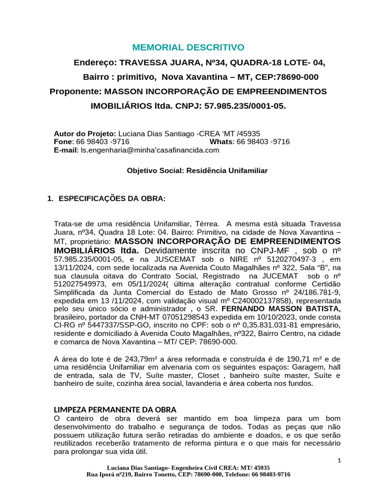Memorial Descritivo de Residência Unifamiliar | PDF | Argamassa ...