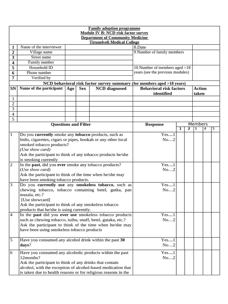 NCD Risk Factor Survey for Families | PDF | Tobacco | Determinants Of ...
