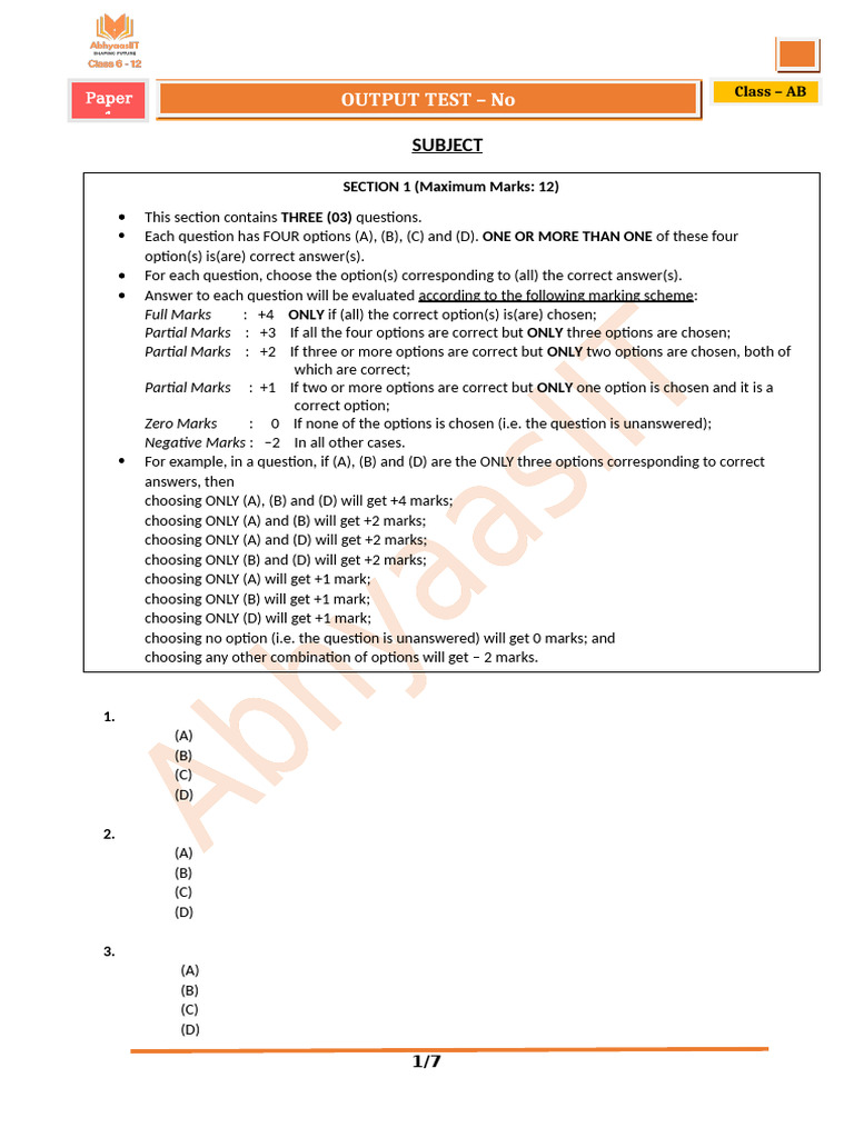 JEE Pattern Output Test Paper 1 Template | PDF | Chess