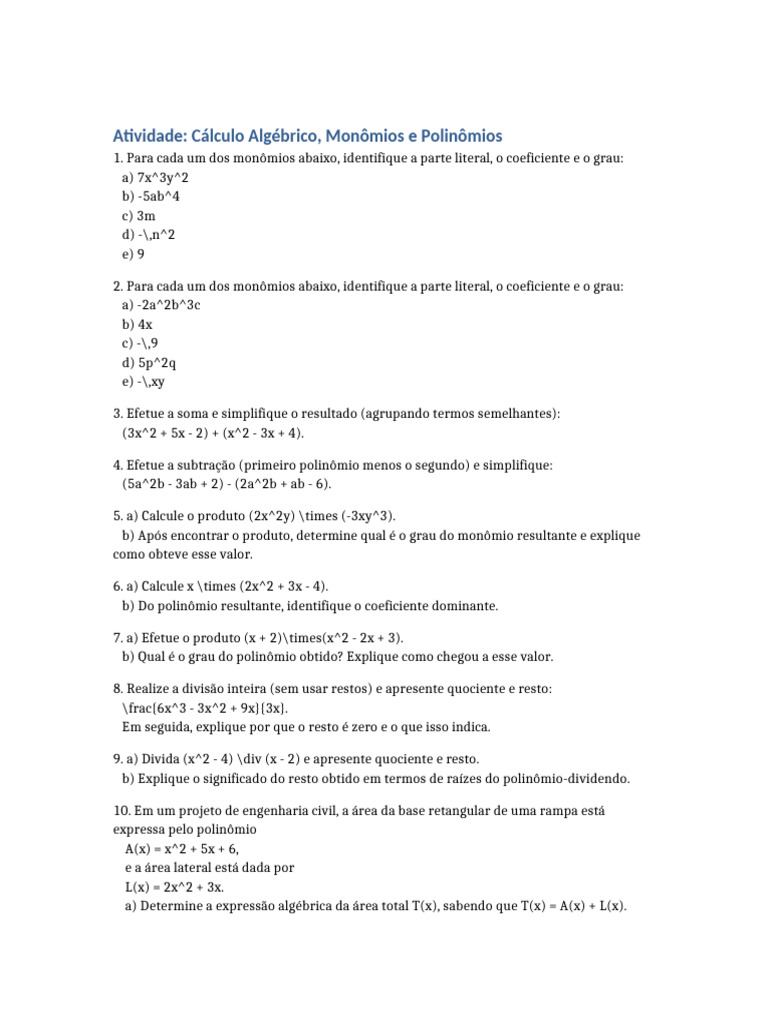Cálculo de Monômios e Polinômios | PDF | Matemática