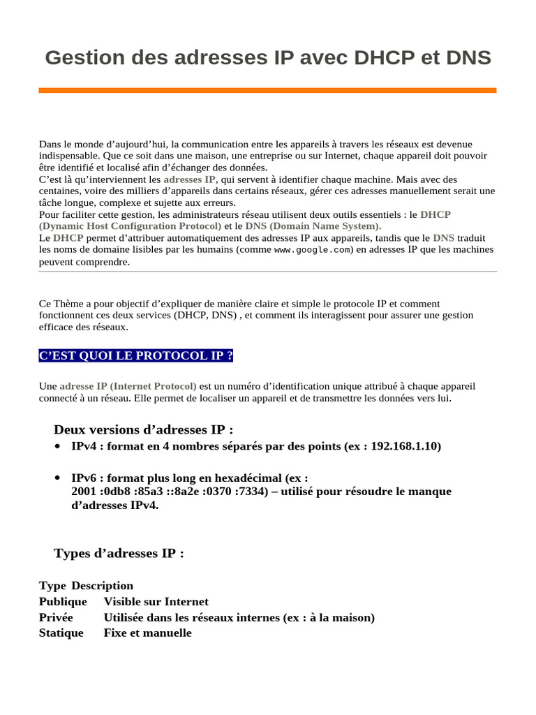 Gestion IP avec DHCP et DNS expliquée | PDF | Système de noms de ...