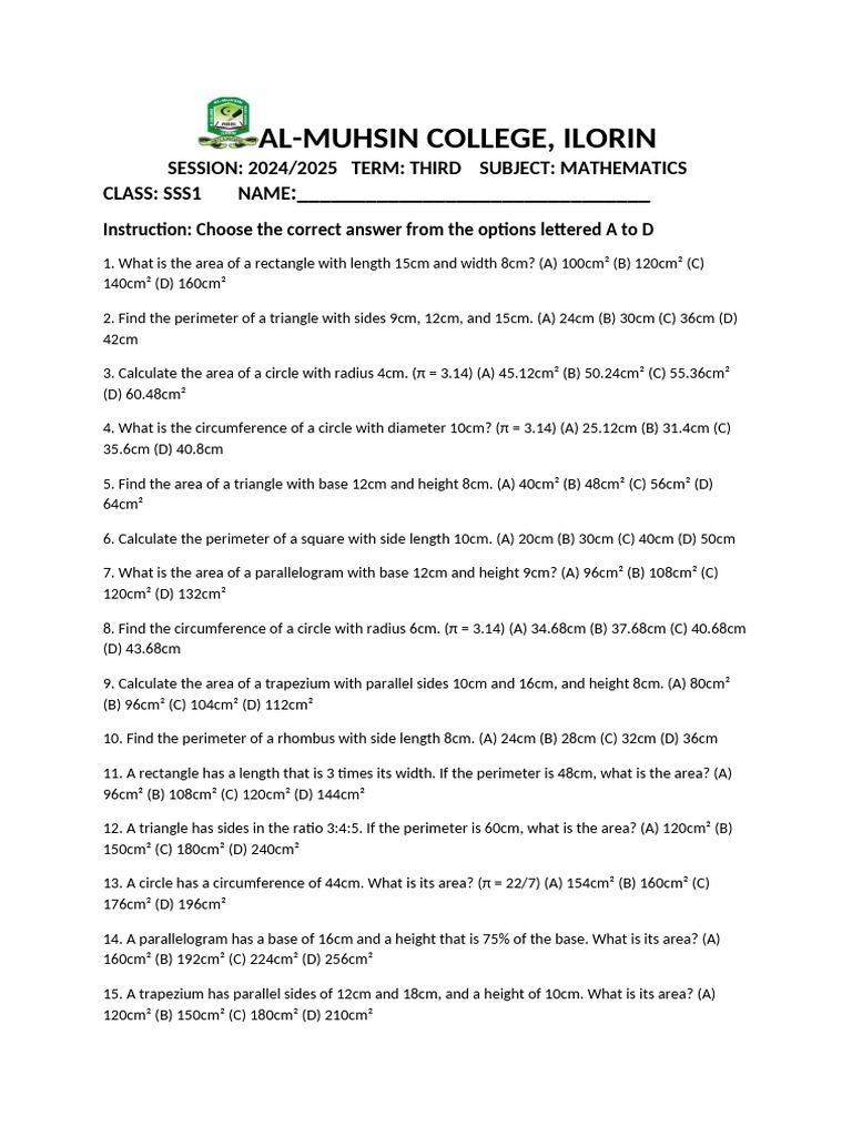 SSS1 Mathematics Questions 2025 Term 3 | PDF | Area | Circle