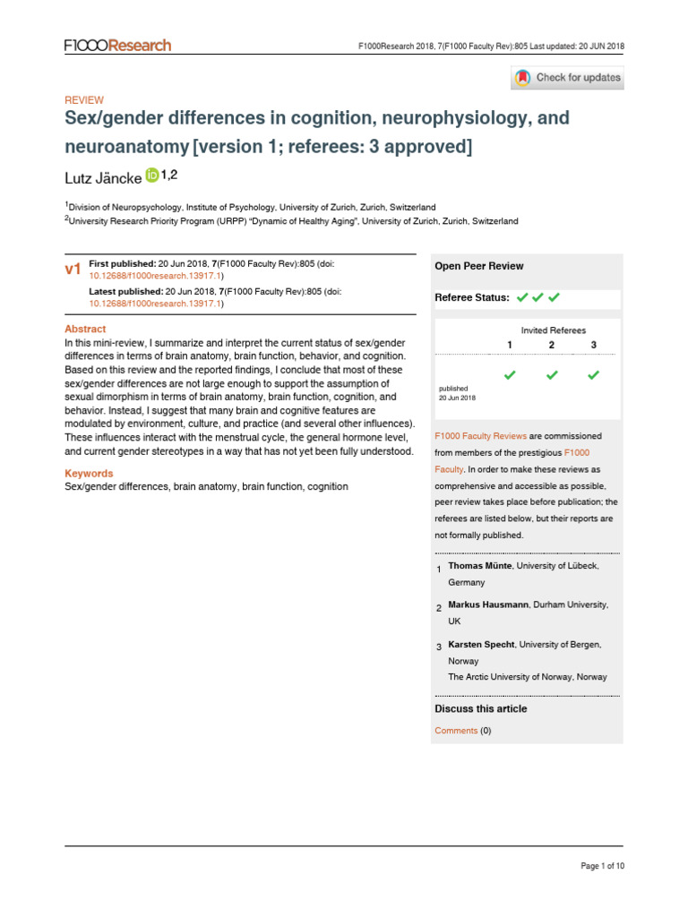 Sex/Gender Differences in Cognition | PDF | Sex Differences In Humans ...