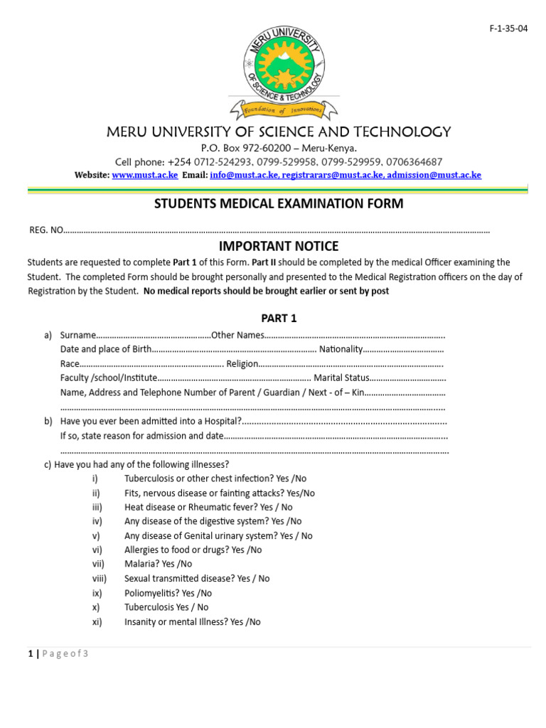 Meru University Medical Examination Form | PDF | Medical Specialties ...