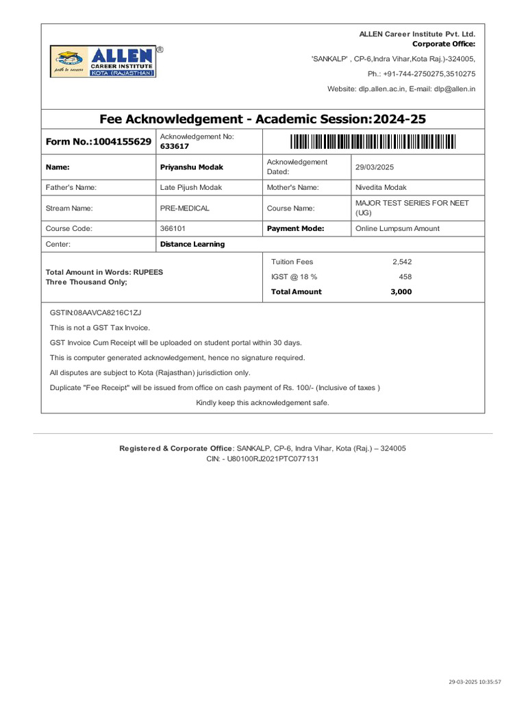 Fee Receipt_1004155629_29-03-2025 10_35_57 | PDF | Public Finance ...
