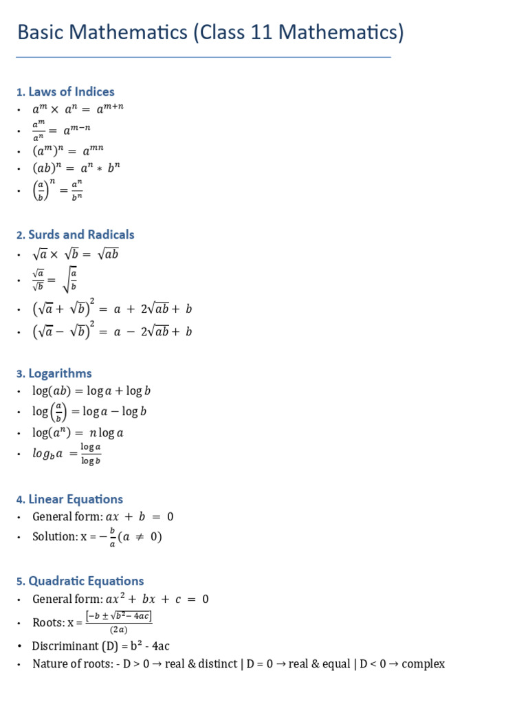 Basic Mathematics Formula Sheet | PDF