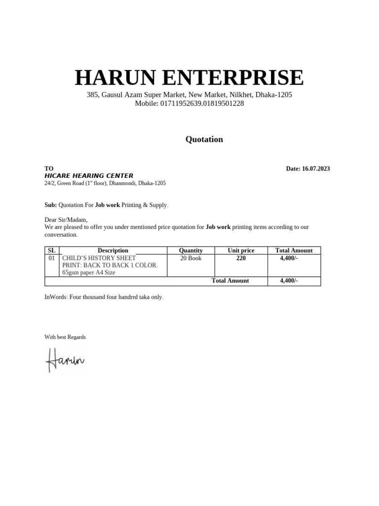 Quotation for Printing Services | PDF