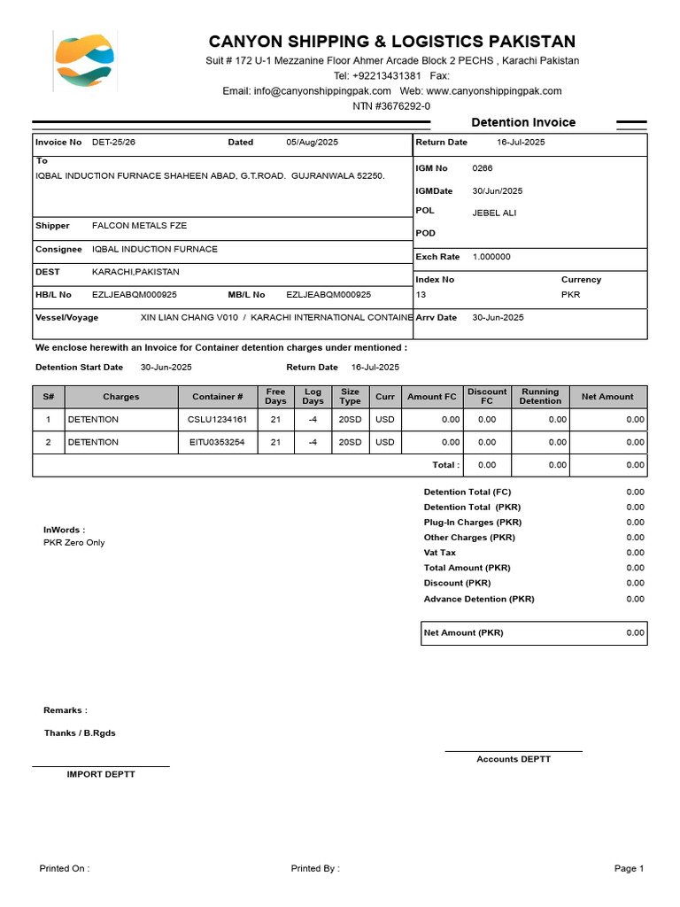 Falcon Metals FZE Detention Invoice | PDF | Rupee