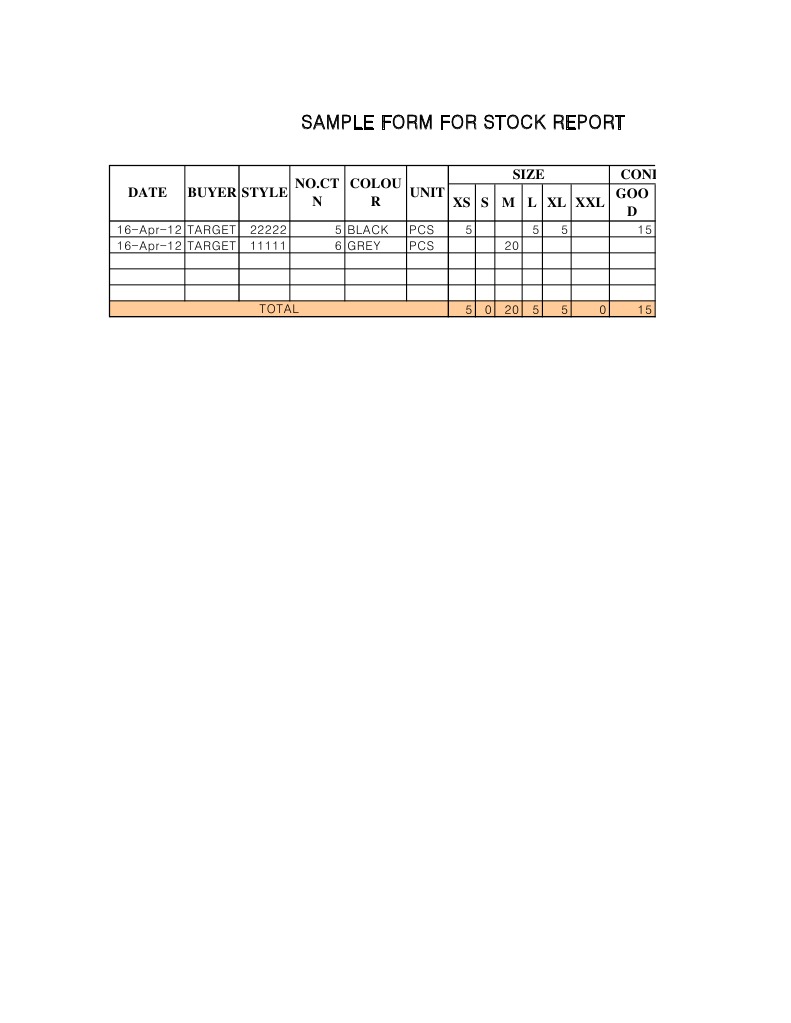 Sample Form For Stock Report: GOO D Colou R Date Buyer Style Condition ...