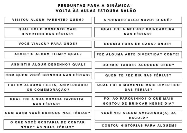 Perguntas Da Dinâmica - Volta Às Aulas Estoura Balão | PDF