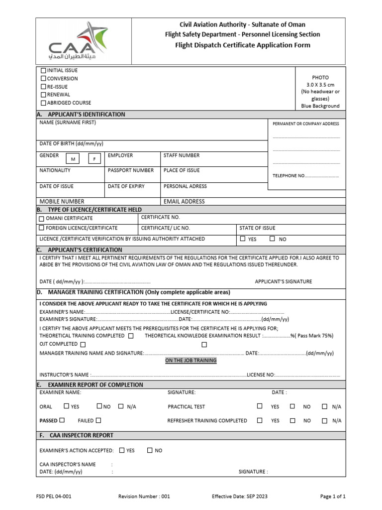 FSD Pel 04-001 Flight Dispatch Certificate Issuance Form | PDF ...