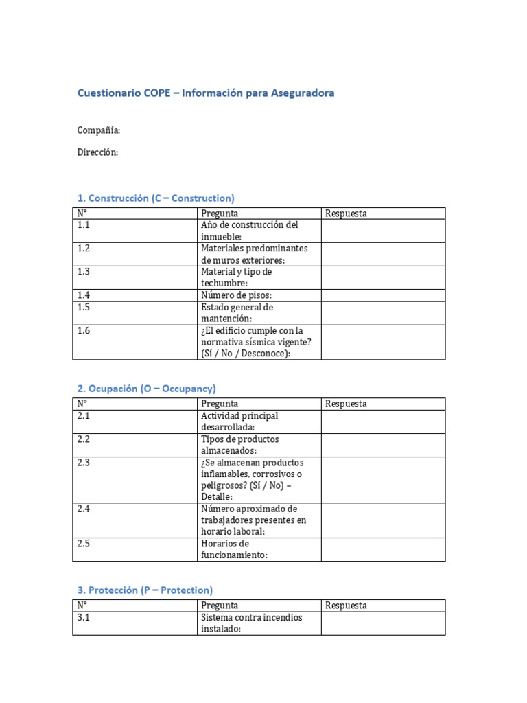 Cuestionario COPE para Aseguradoras | PDF | Sistema de rociadores ...