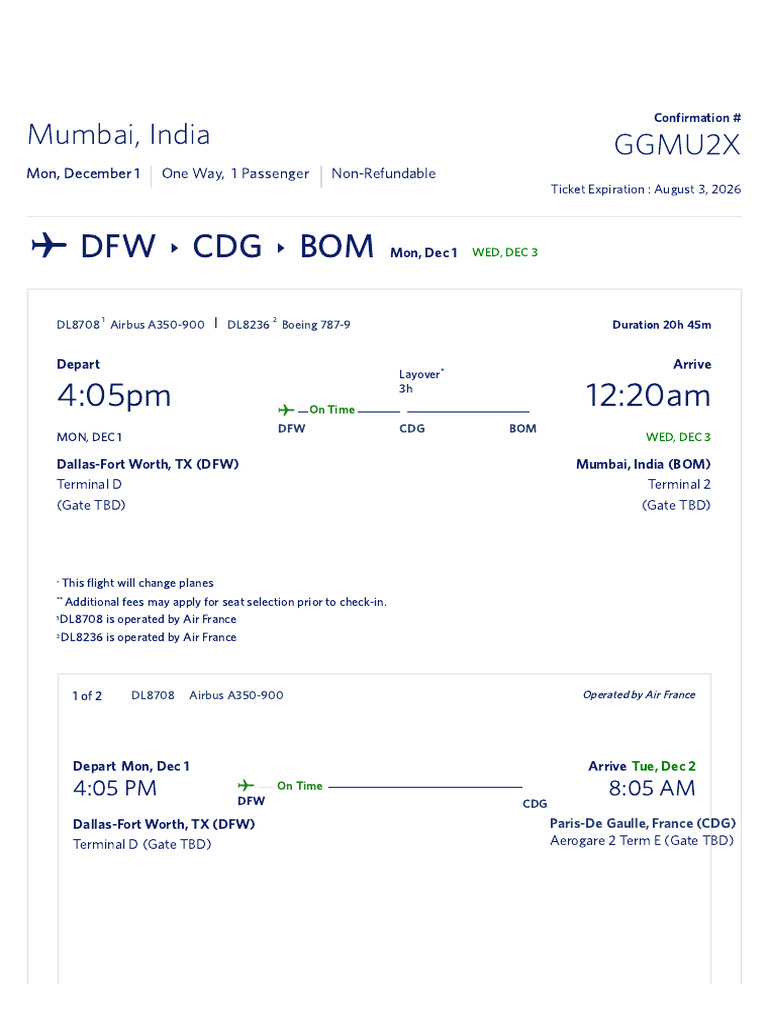Delta Flight Itinerary: DFW to BOM | PDF | Insurance | Aviation