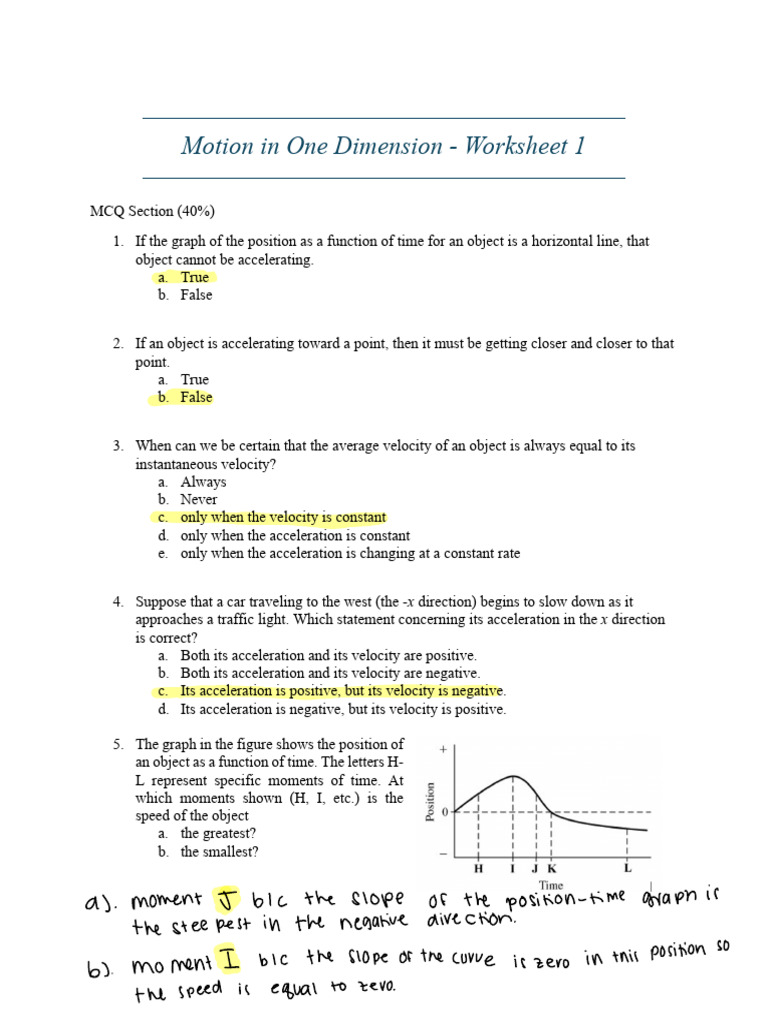 Worksheet 1 - Motion in One Dimension (CB) 2 | PDF | Acceleration ...